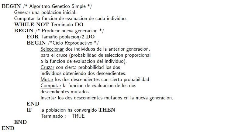 Pseudocódigo del Algoritmo Genético Simple, Figura tomada de Algoritmos Genéticos. 3 de Febrero 2020, de Universidad del País Vasco Sitio web: http://www.sc.ehu.es/ccwbayes/docencia/mmcc/docs/temageneticos.pdf